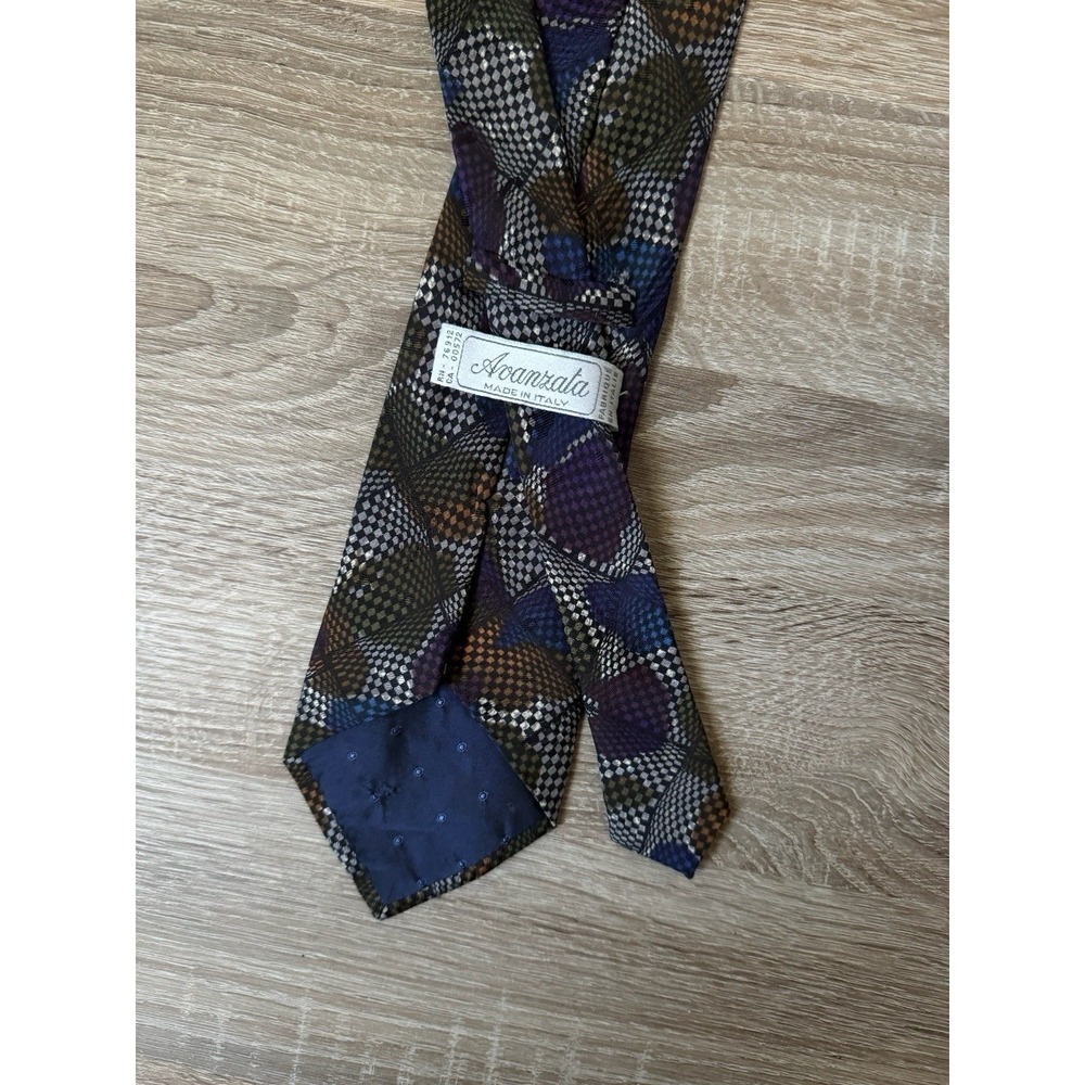 Avanzata 100% Silk Tie Handmade Italy‎ Geometric Check Blue Purple Brow Vintage